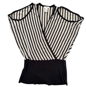 Cache Womens Metallic Striped Cold Shoulder‎ Surplice Wrap Top Black Gold Large